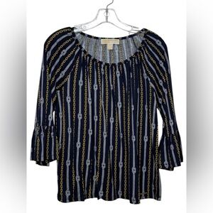 Michael Kors Nautical Top with Navy and Gold Chain Design & Bell Sleeve Small